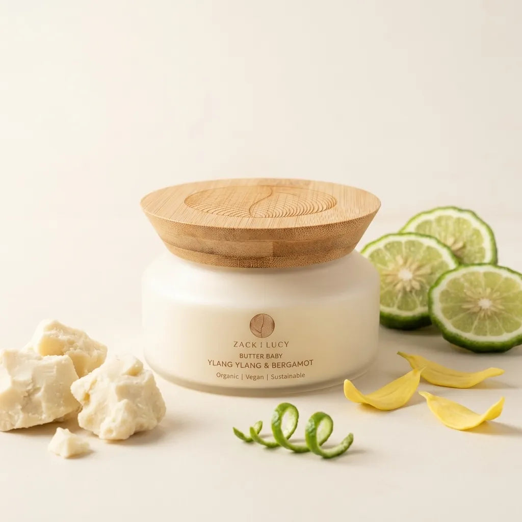 White jar with wooden lid on a light background with lime slices and leaves