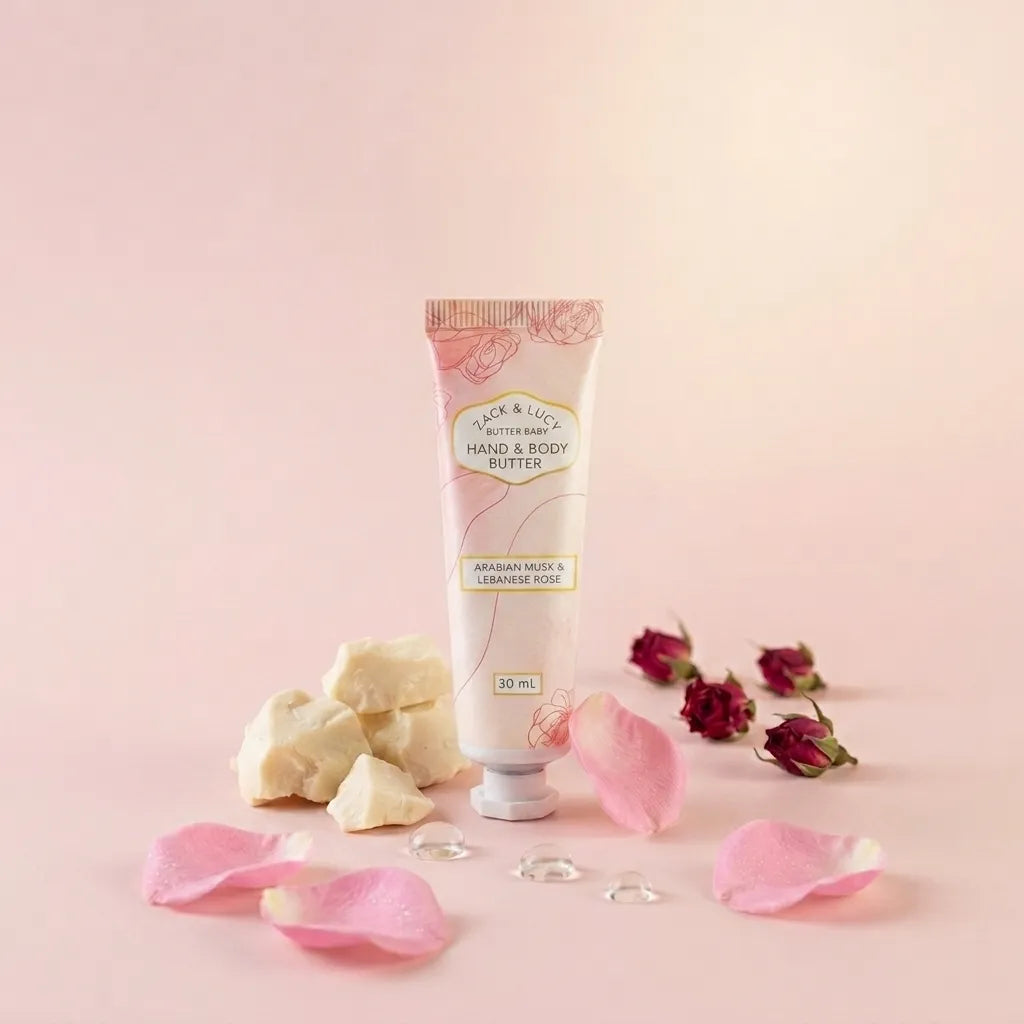 Hand and body butter tube with rose petals and rose buds on a pink background